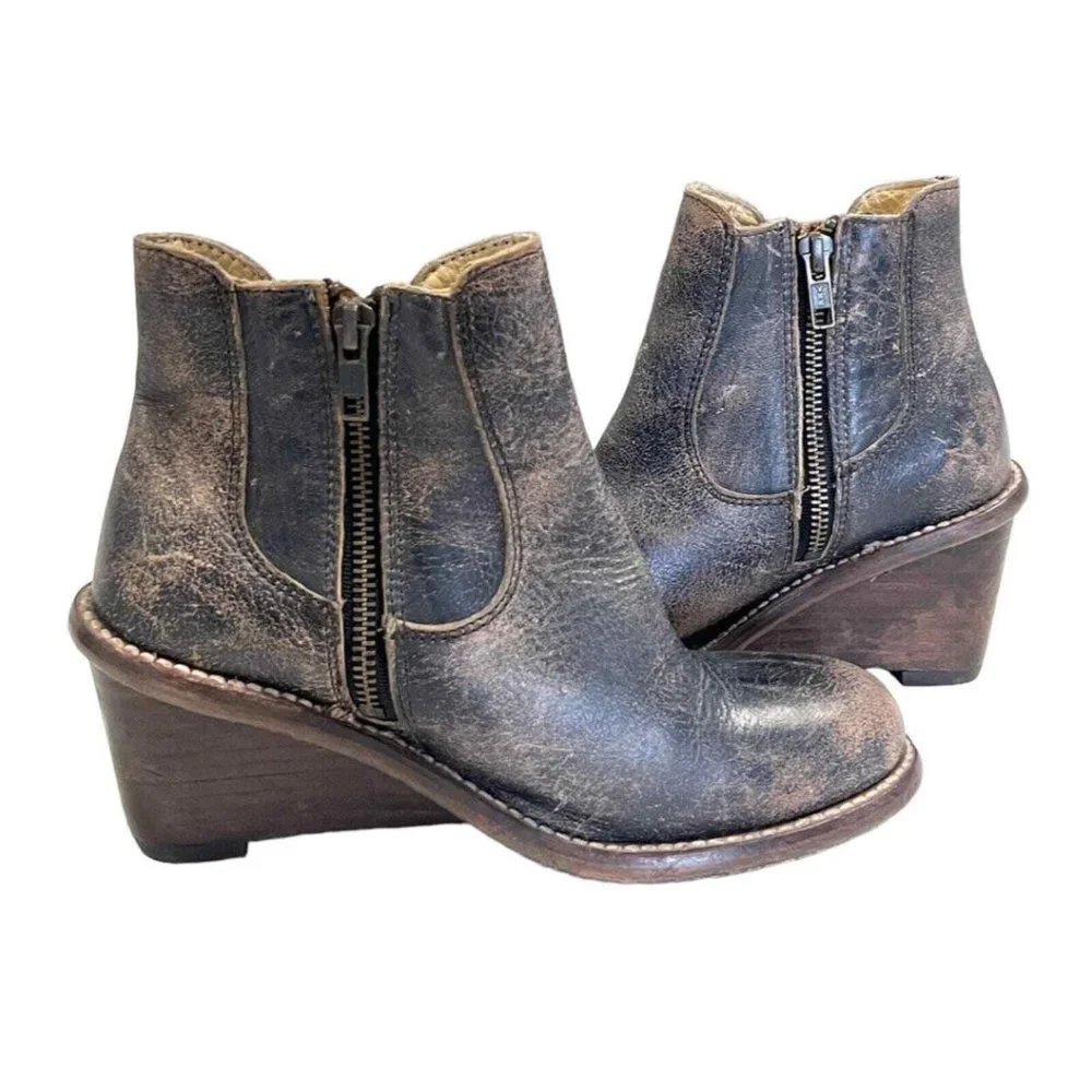 Bed Stu Dark Brown Distressed Leather Wedge Ankle Boots - Picture 2 of 9